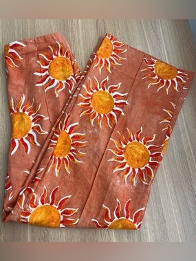 C&C California Linen Blend Sun Print Wide Leg Pants Boho Coastal XS Festival EUC